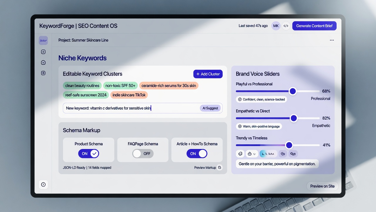 Niche AI content template interface with keyword and schema fields