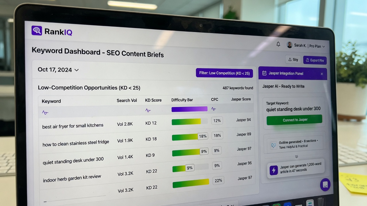 RankIQ dashboard suggesting low-competition keywords for niche sites