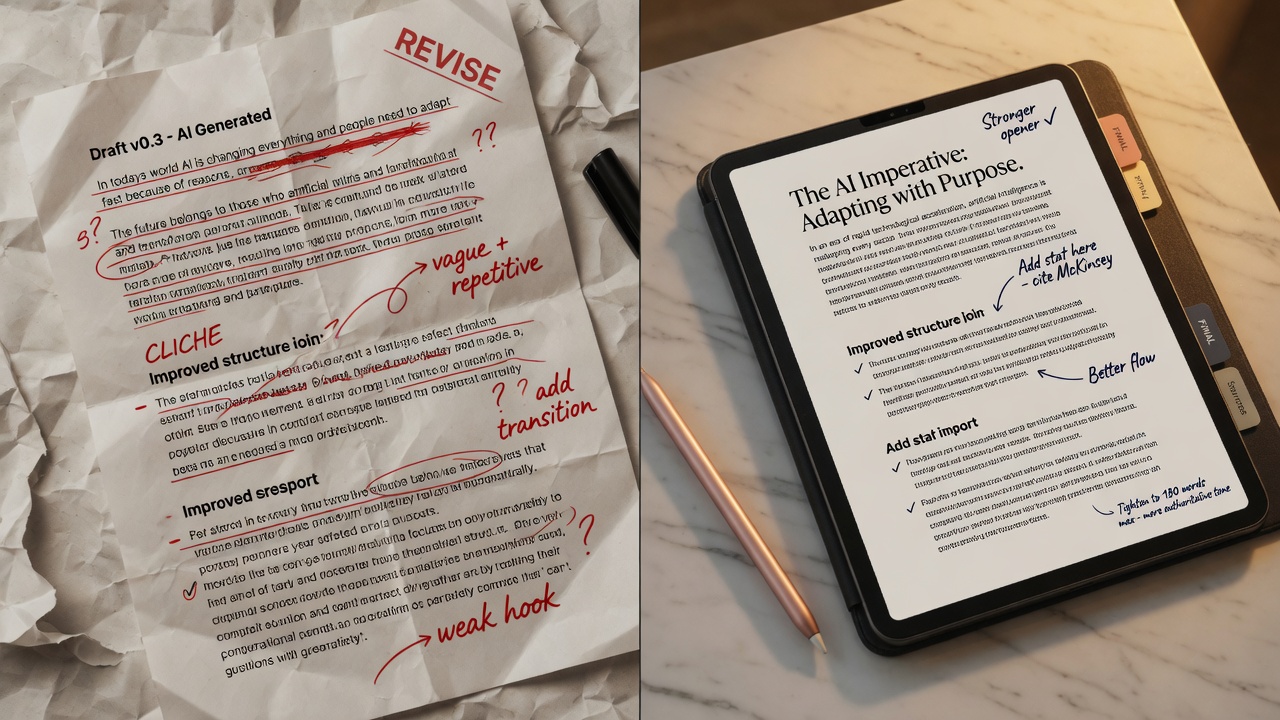 Human editing transforming raw AI draft into polished article