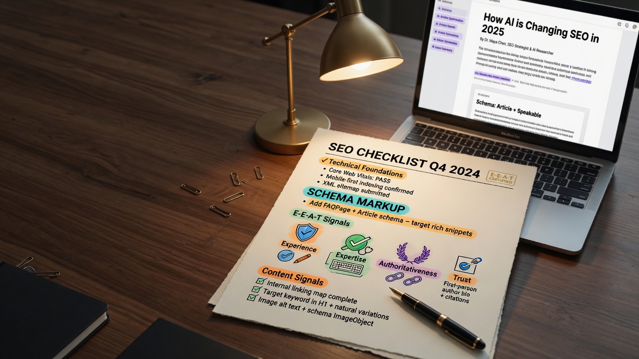 Foundational SEO checklist applied to AI-generated article on desk