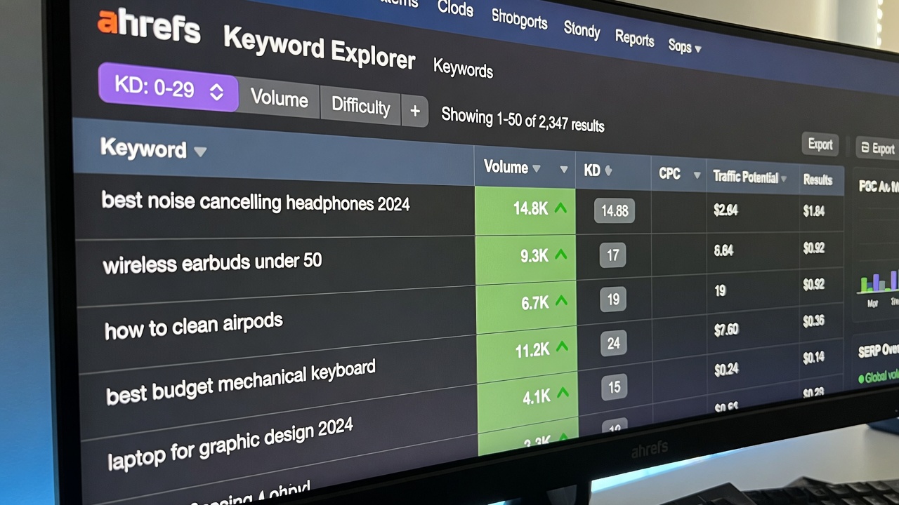 Ahrefs keyword table filtered to KD under 30 for authority building