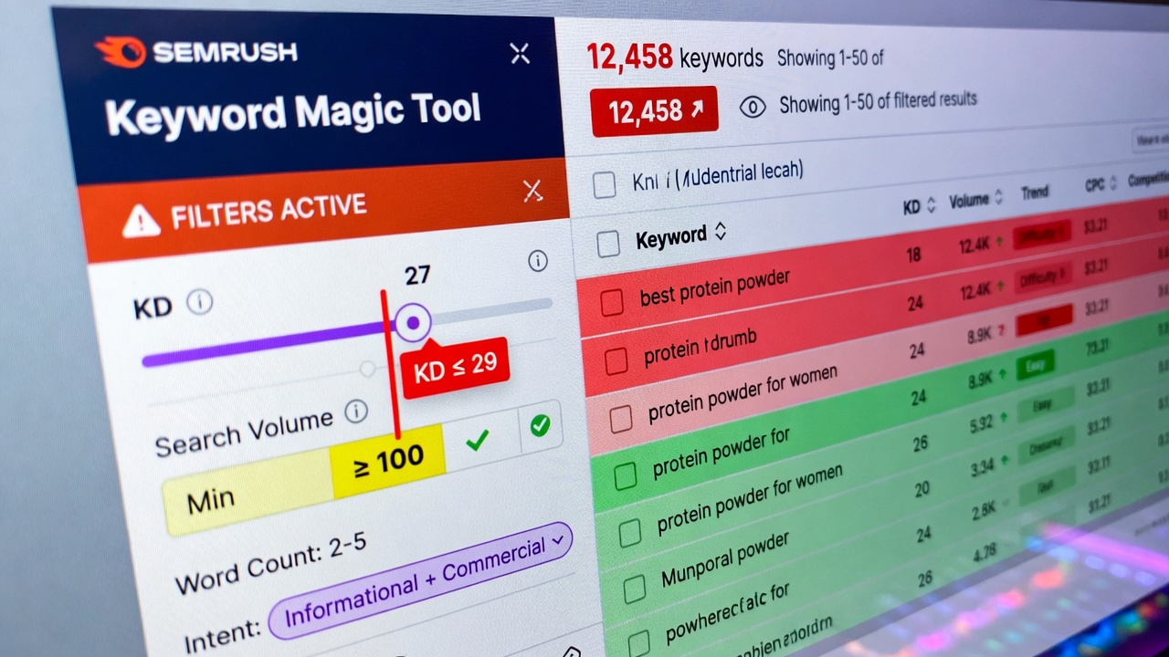 Semrush keyword filter panel set to KD under 30 and 100+ volume