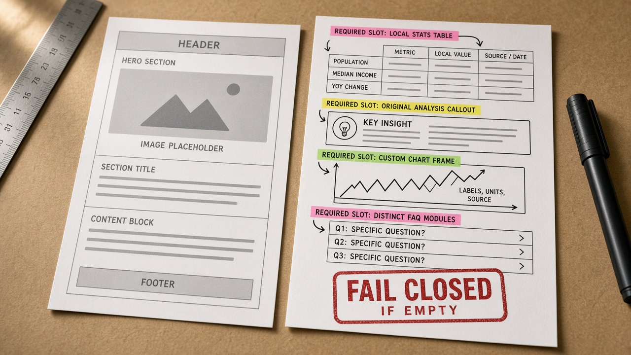 Fail-closed programmatic SEO template wireframe with required unique data slots versus a thin boilerplate page