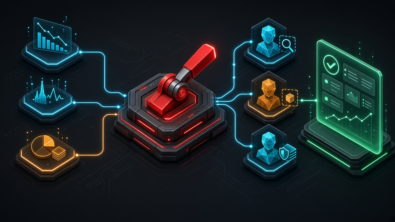 Kill switch flowchart for AI autoblogging SEO with leading indicators and agent-led recovery crew