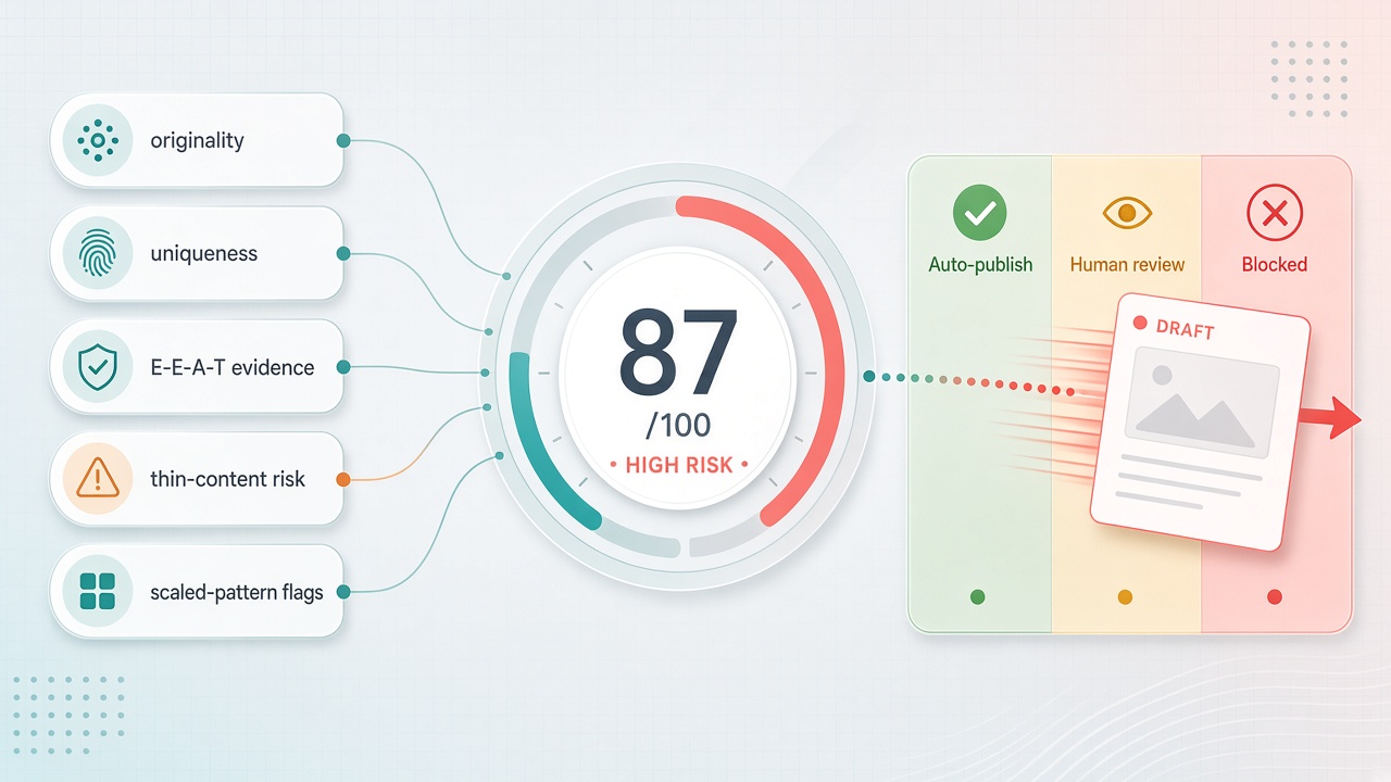AI content publish risk score dashboard with green yellow and red bands for penalty-proof SEO quality control