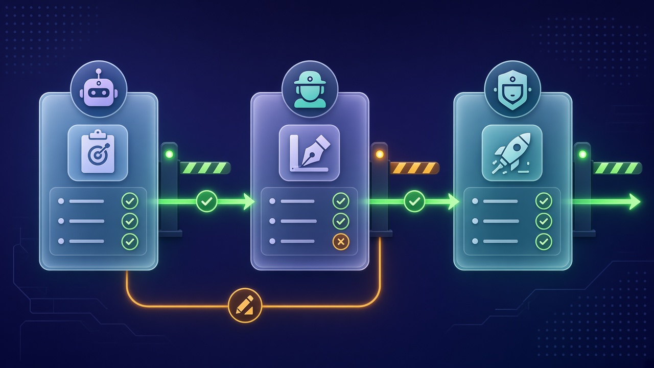 Three-stage AI content quality gates pipeline from brief to draft to pre-publish