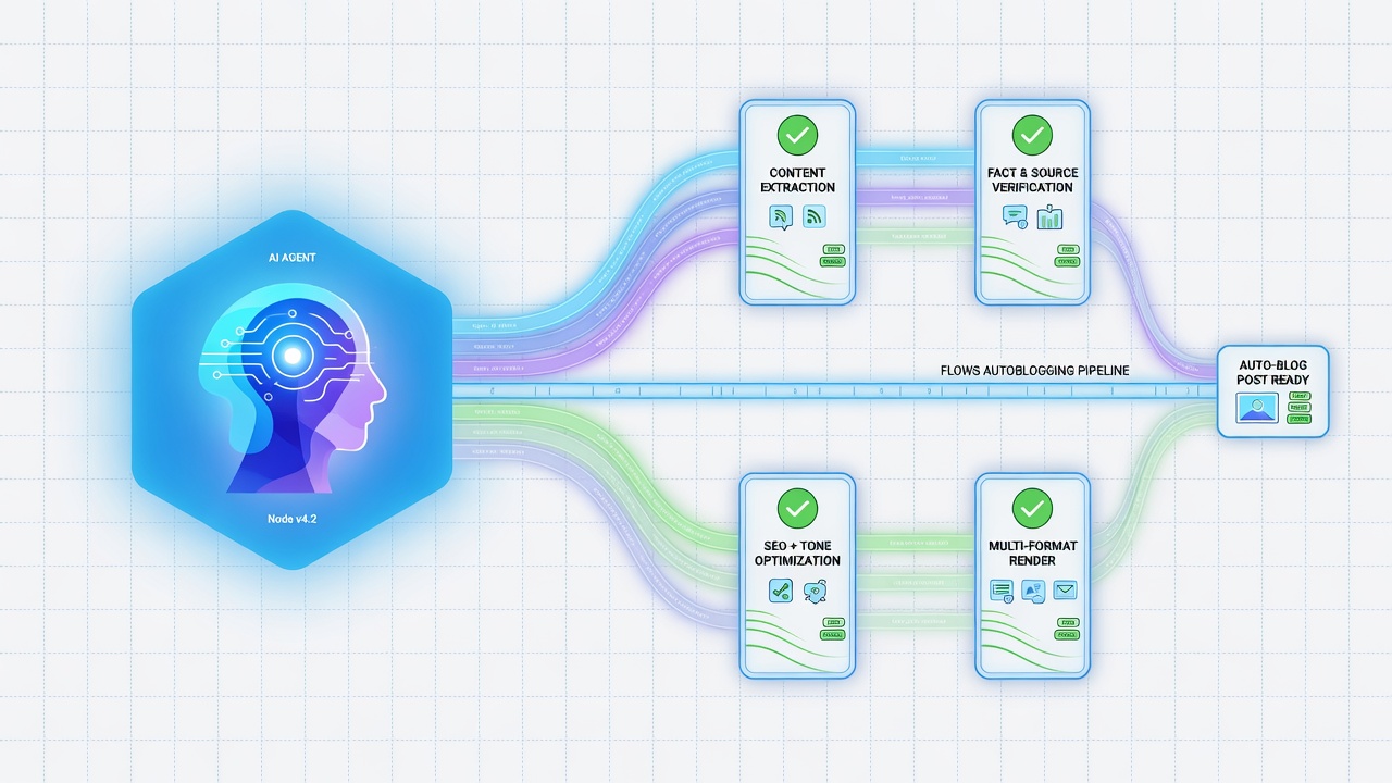 AI agent connected to Flows autoblogging pipeline with quality checkpoints