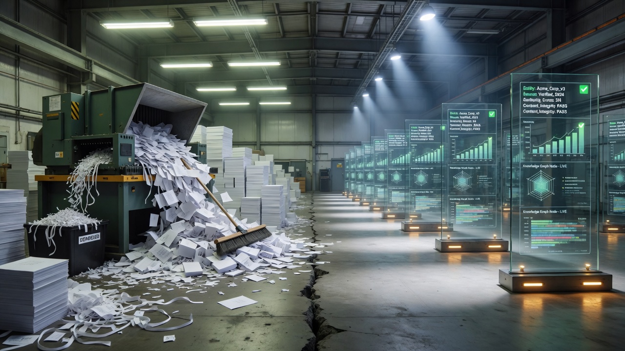 Programmatic SEO structure versus pure AI generation: chaotic spam pages shredded next to unique data-layered pages