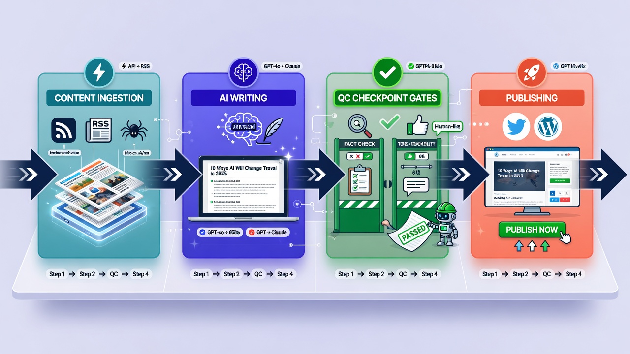 Autoblogging workflow flowchart with quality control checkpoints highlighted