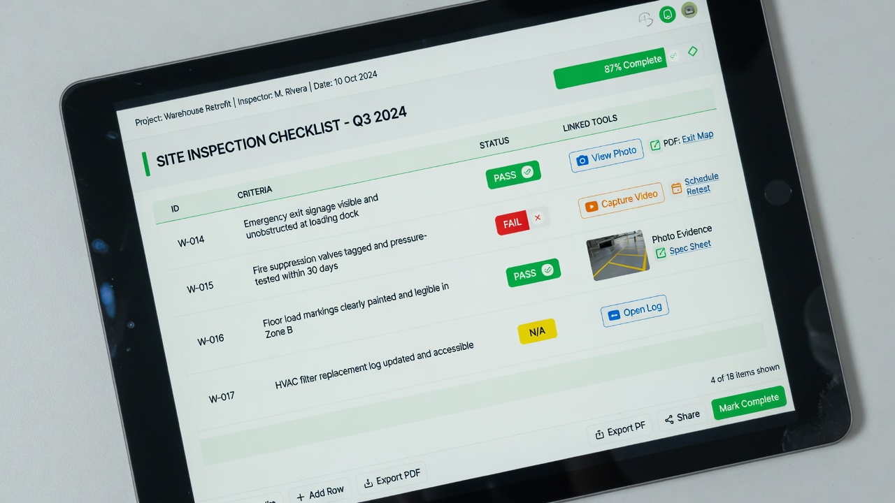 Digital QC checklist template with fields for automated content review criteria
