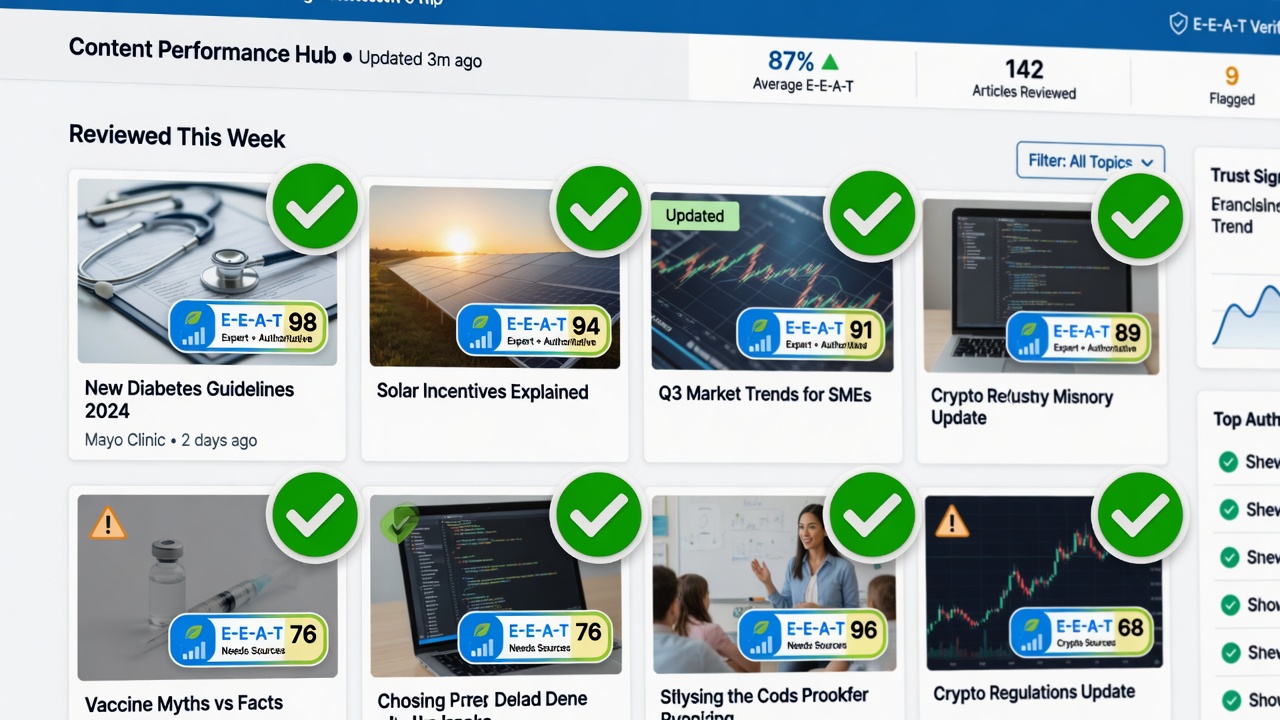 SEO dashboard with green checkmarks highlighting quality control for automated content