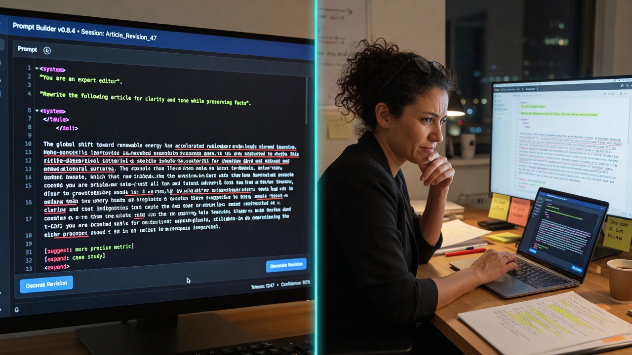 Split view of AI prompt input and human editor review for content quality control