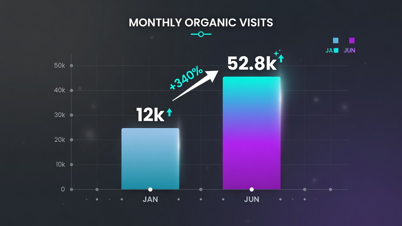 Organic traffic growth from 12k to 52.8k monthly visits case study