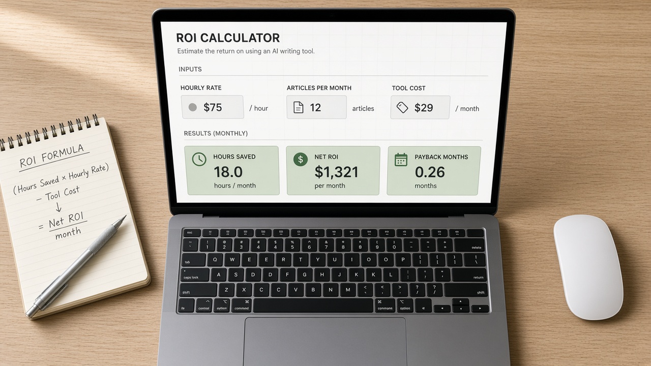 Reusable AI SEO time-savings and ROI calculator spreadsheet with hourly rate and payback outputs