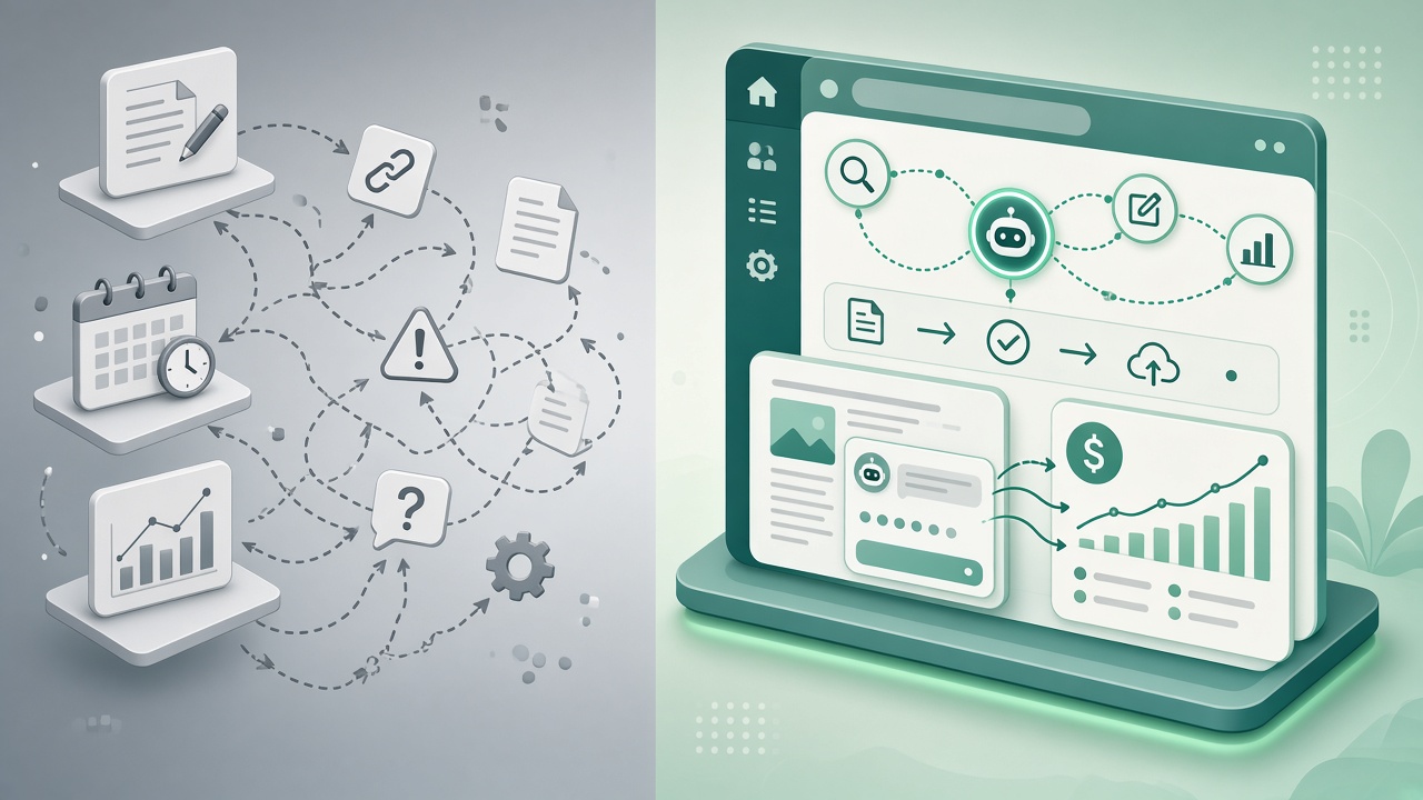 Generators versus full AI SEO automation stack comparing fragmented tools and unified revenue attribution