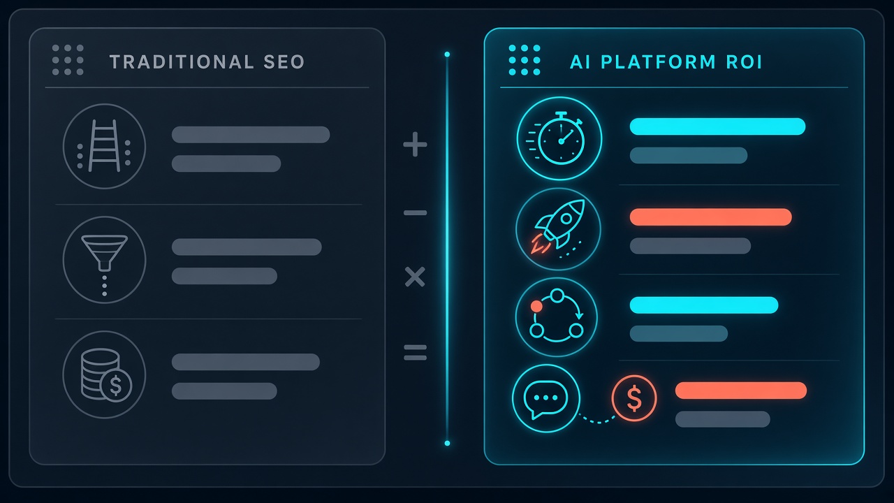 Diagram comparing traditional SEO ROI metrics with AI SEO platform ROI inputs like hours saved