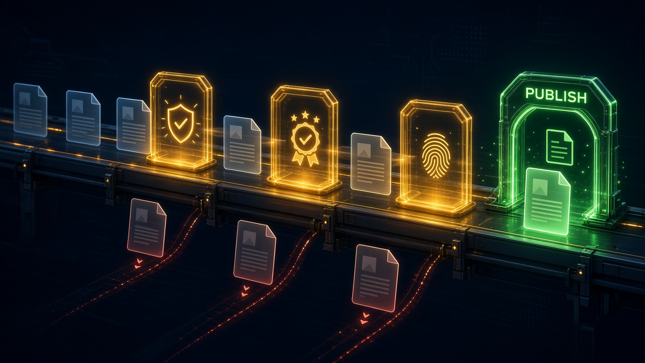 AI SEO content pipeline with quality gates for accuracy, E-E-A-T, and uniqueness before publish