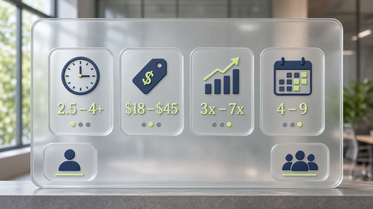 2026 AI SEO ROI benchmarks board with hours saved, cost per piece, and payback ranges