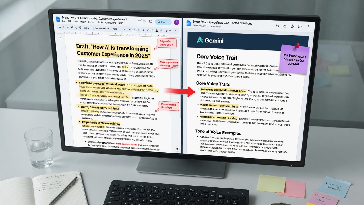 Maintaining brand voice at scale with AI draft next to guidelines