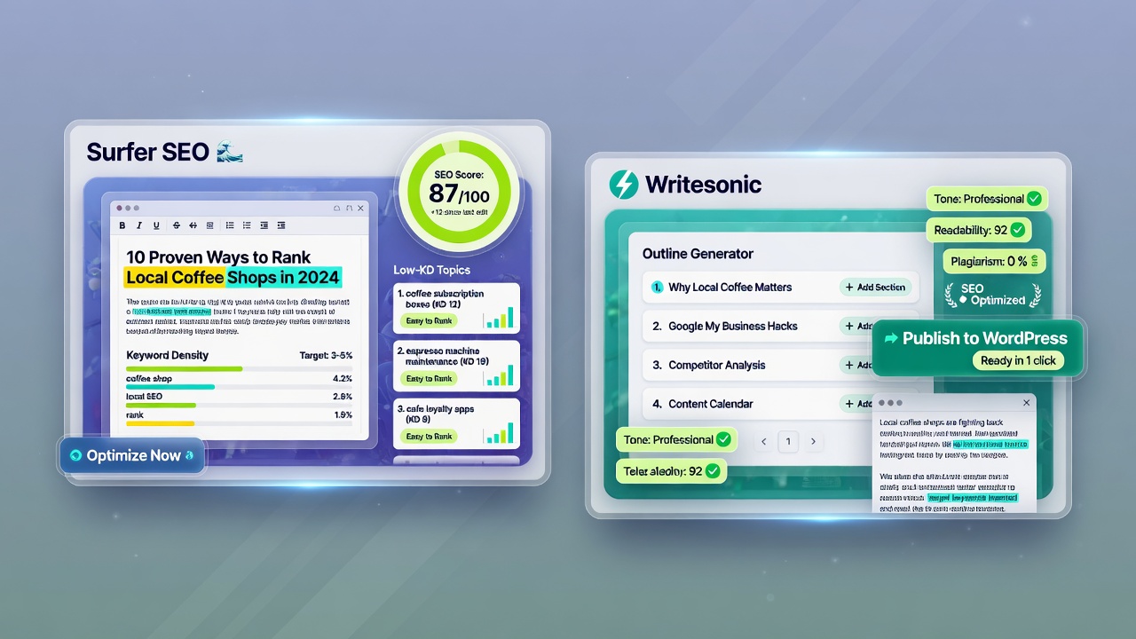 Side-by-side Surfer and Writesonic AI writing tool interfaces optimized for low KD SEO workflows