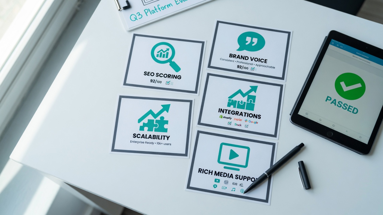 Selection framework checklist for AI writing tools covering SEO scoring brand voice integrations scalability and rich media