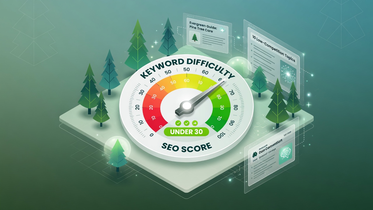 Keyword difficulty meter highlighting green low KD zone under 30 with AI-generated evergreen content cards