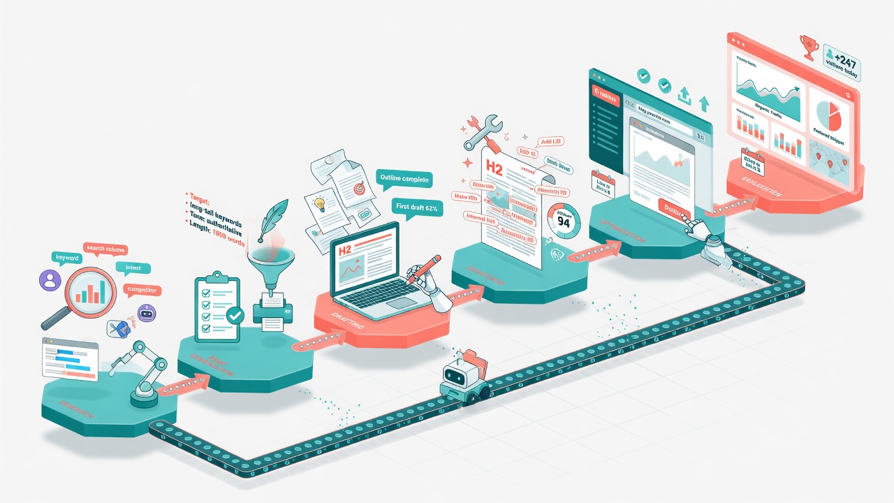 Six-stage autonomous SEO agent pipeline from research to CMS publishing