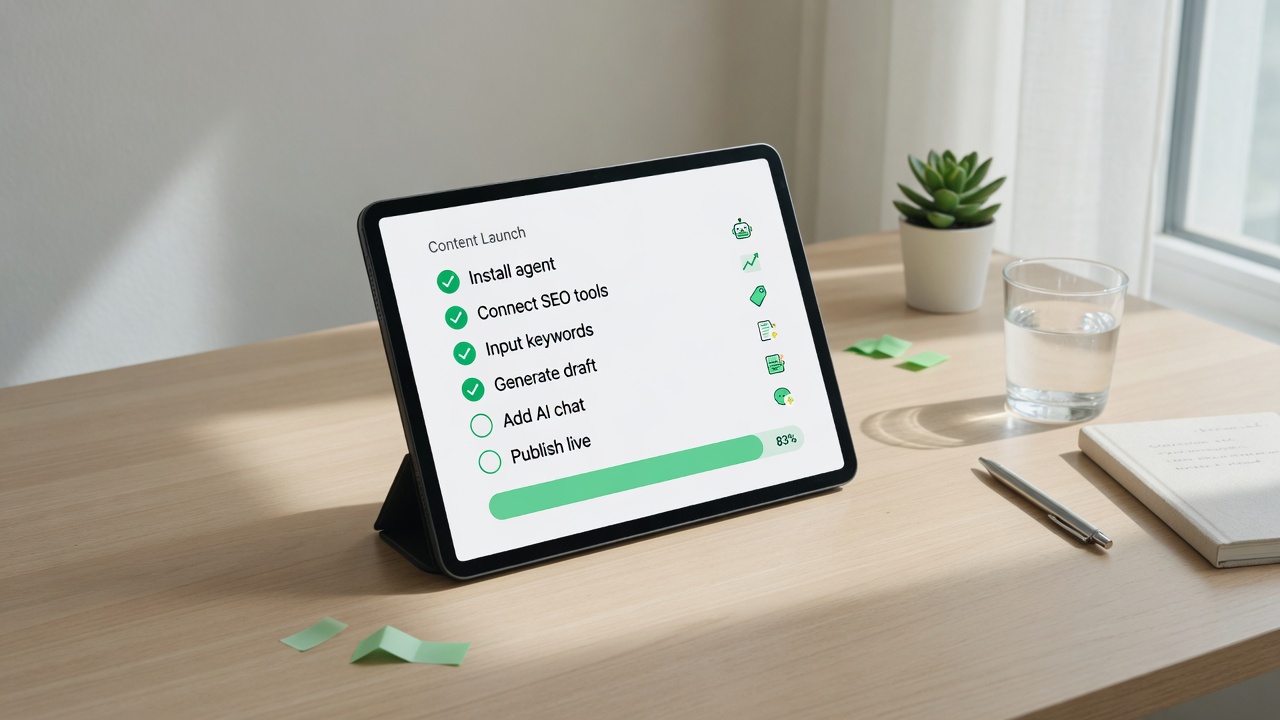 Beginner SEO agent setup workflow checklist on tablet screen