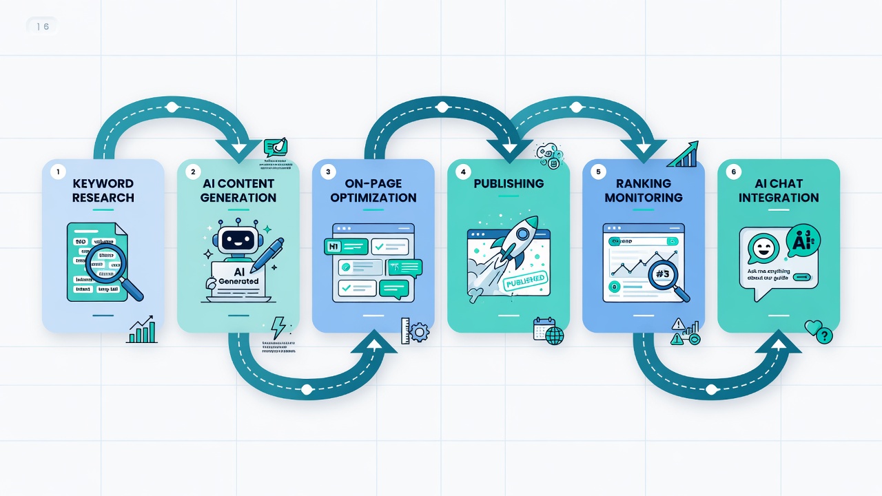 Six-stage end-to-end SEO content pipeline automation diagram