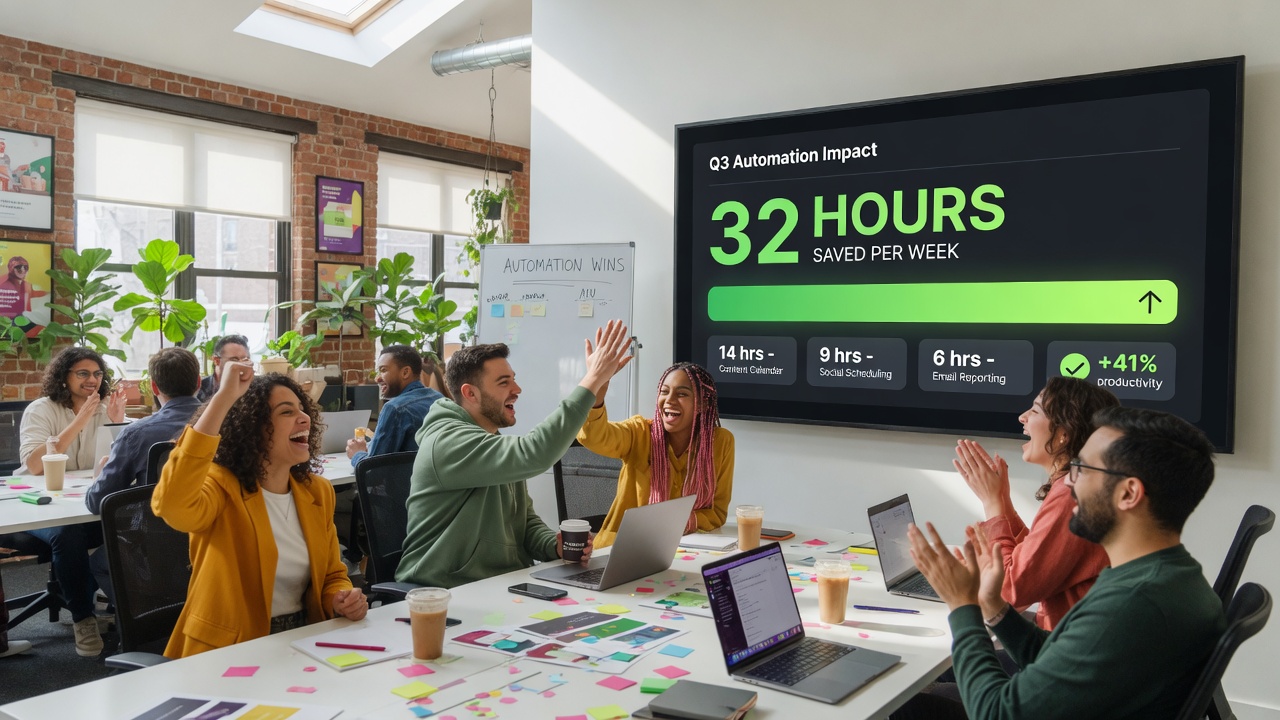 Marketing team reviewing quantified time savings from SEO automation