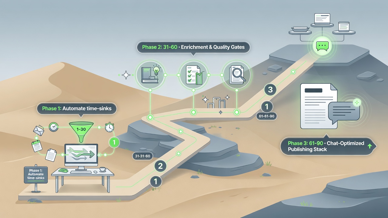 90-day SEO automation roadmap from time-sink fixes to a chat-optimized AI autoblogging stack