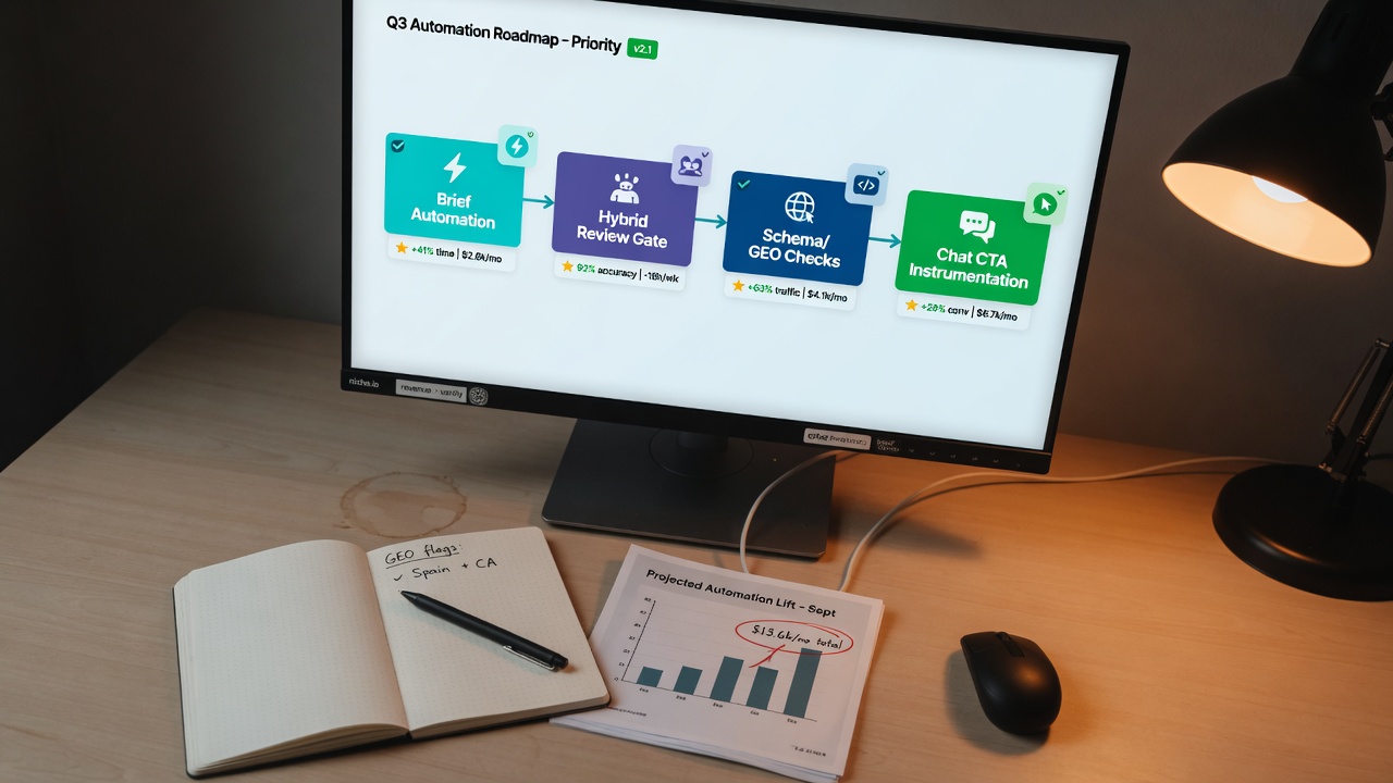 Revenue-first SEO automation priority board focusing on briefs schema refresh and chat ROI