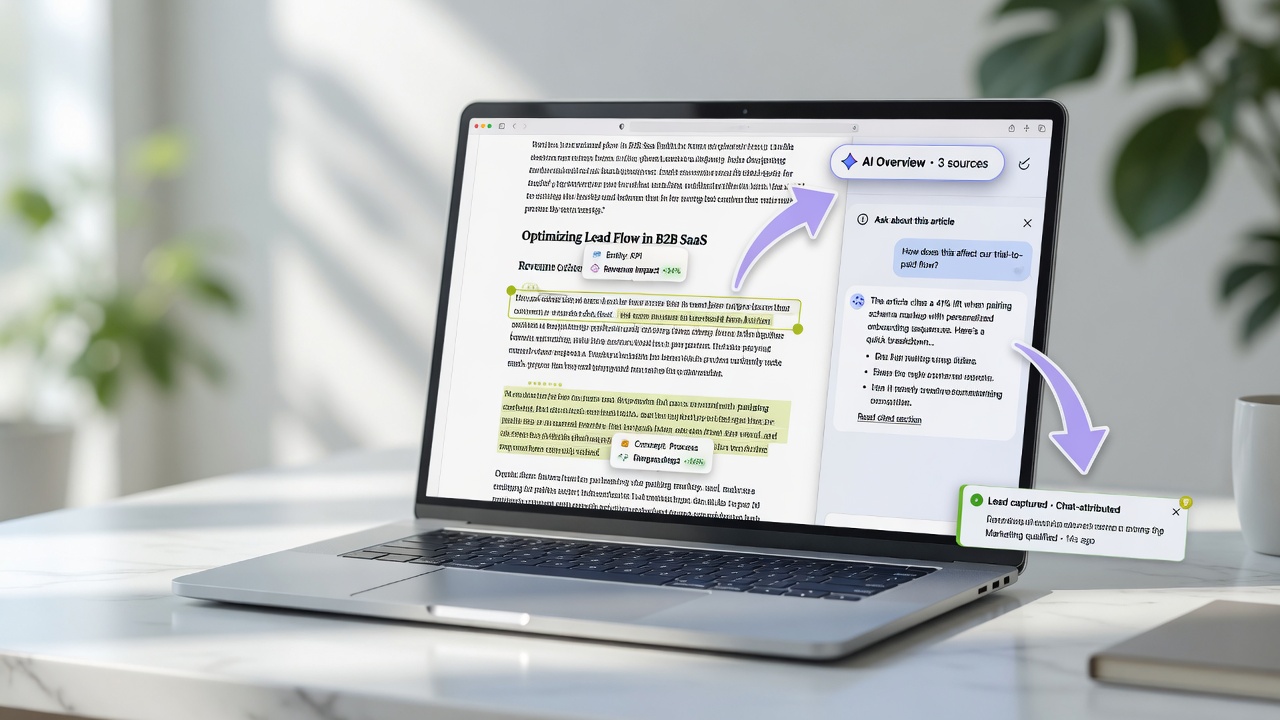Article page with in-article chat GEO schema callouts and AI Overview citation driving conversions