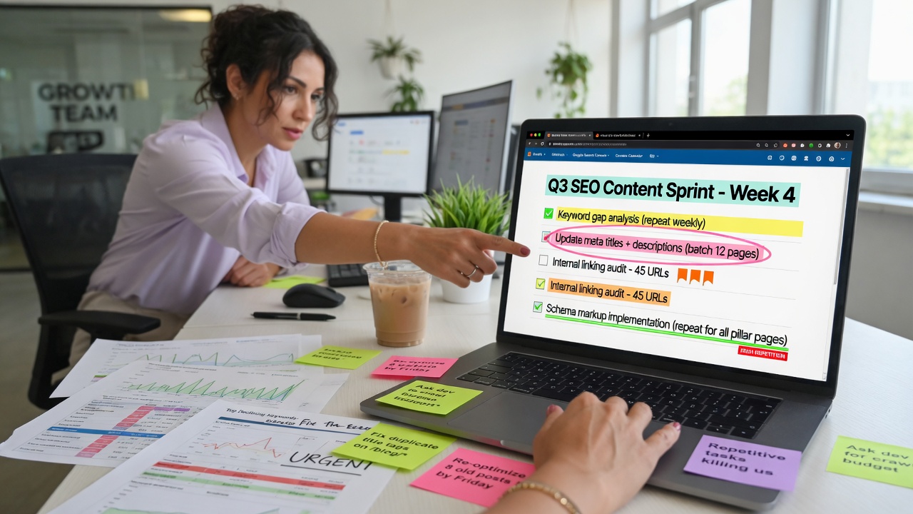 Marketer auditing repetitive SEO tasks on laptop checklist