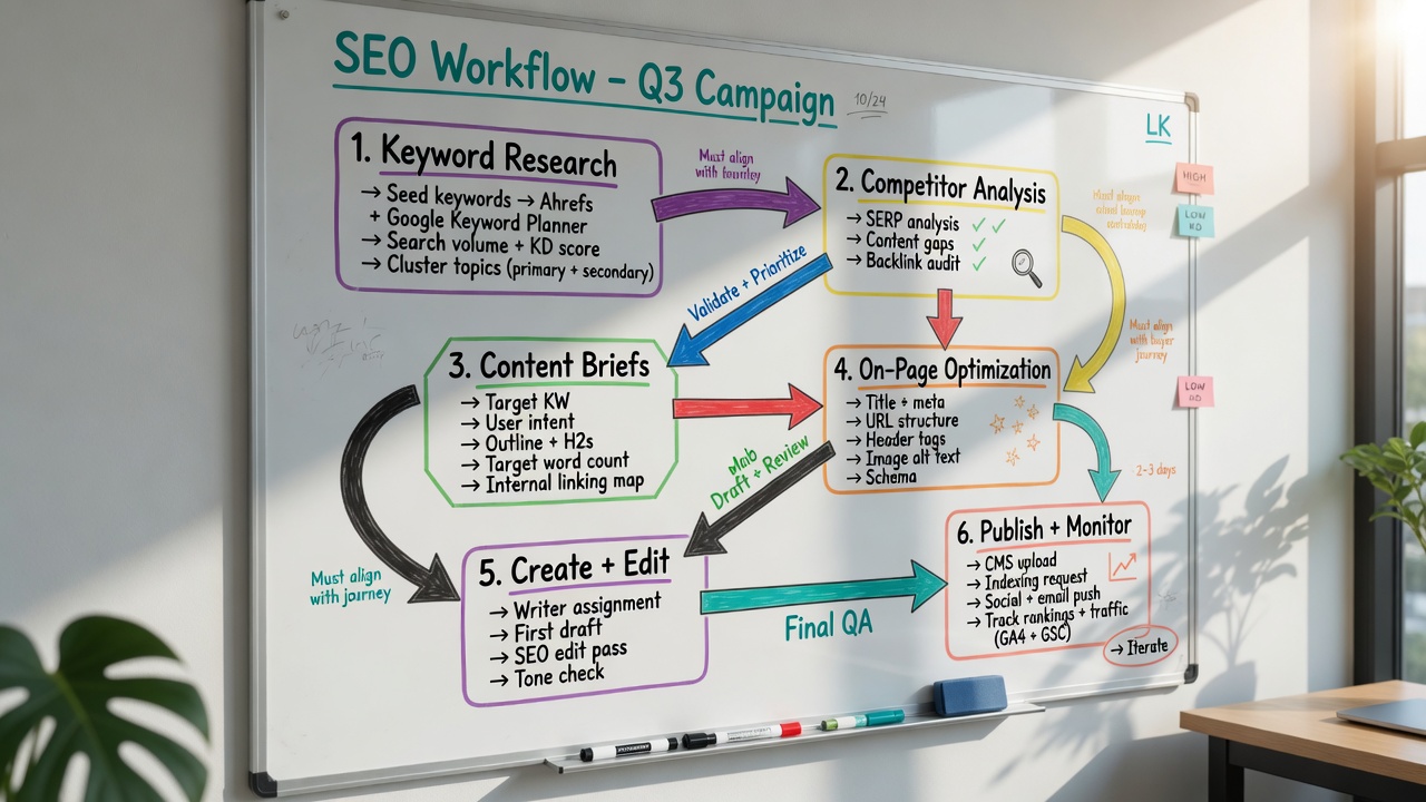 SEO workflow steps mapped on office whiteboard flowchart