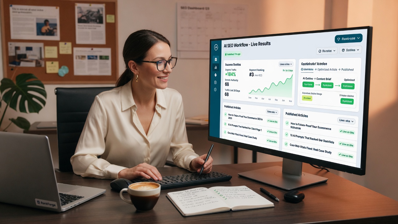 Testing AI SEO workflow with performance metrics on screen