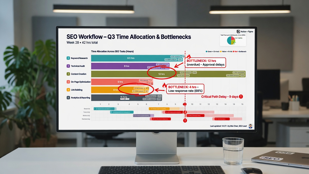 SEO workflow audit diagram highlighting time bottlenecks