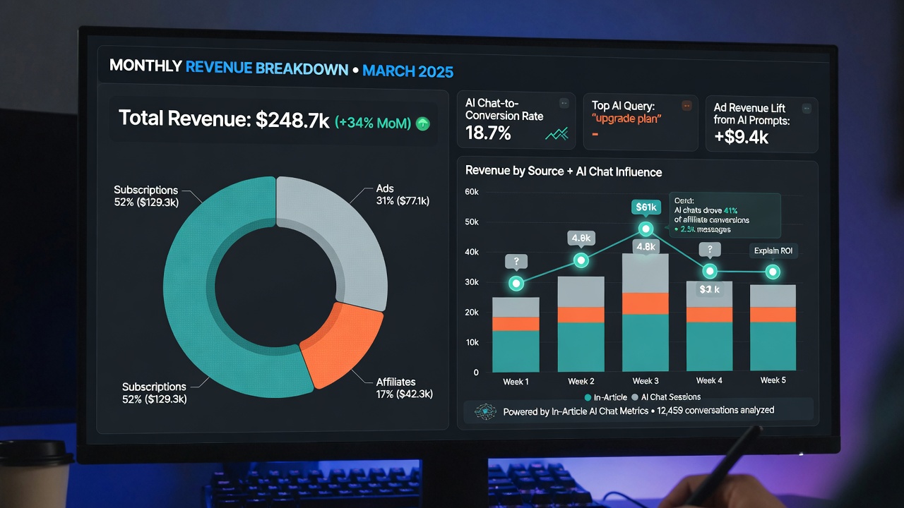 Dashboard showing hybrid revenue from AI-powered subscriptions, ads and affiliates