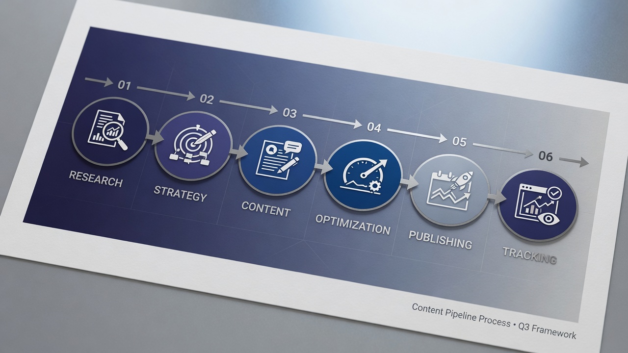SEO automation pipeline infographic with six connected stages