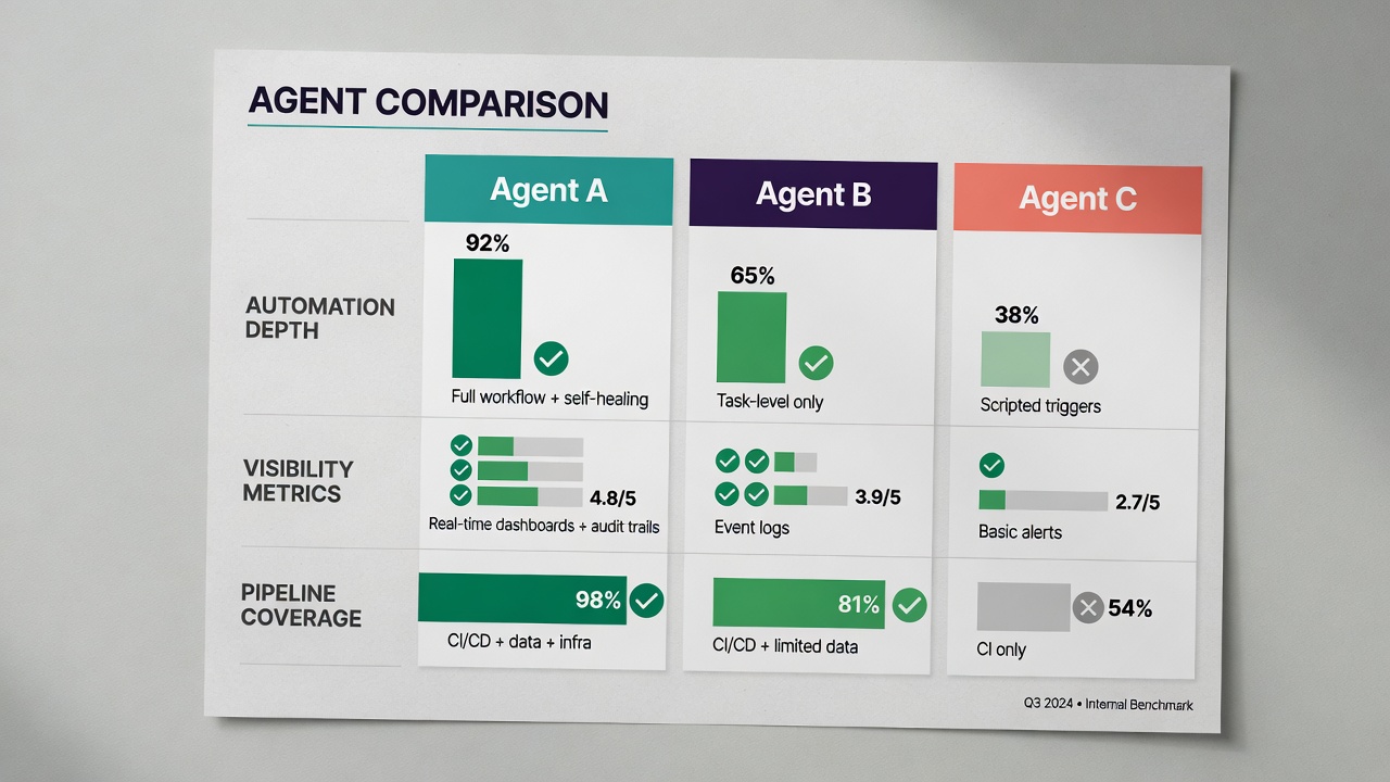 SEO agent feature comparison chart with checkmarks and metrics