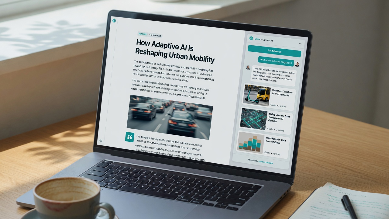 In-article AI chat navigation layer guiding readers through a topic cluster for deeper engagement and monetization
