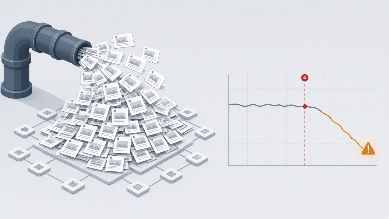 Illustration of classic generate-and-publish autoblogging firehose next to a stalled search rankings chart