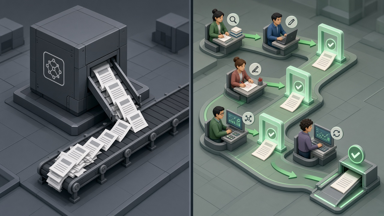 Architecture illustration comparing a single-model autoblogging pipeline to a multi-agent crew with QA handoffs