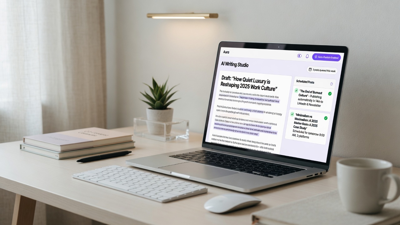 Modern workspace with AI autoblogging dashboard on laptop