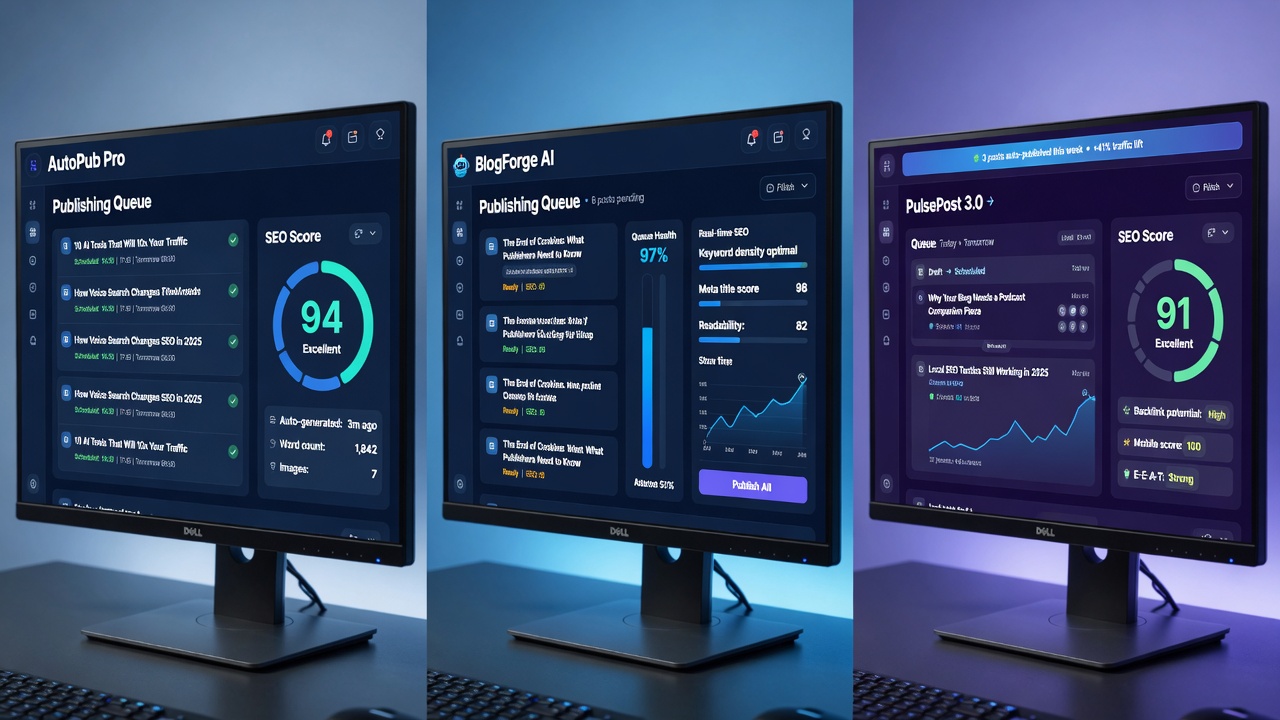 Comparison of modern AI autoblogging tool dashboards
